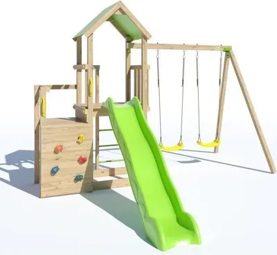 Image de Aire de jeux en bois TRIGANO ULTRA XPERIENCE, Mur d'escalade, Toboggan 2,63m, 2 Balançoires, 8 Enfants