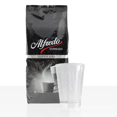 Produktbild von Darboven Alfredo Espresso Super Bar Kaffeebohnen 1kg + Latte Macchiato Glas