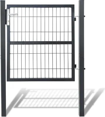 A dark gray metal garden gate is shown in an open position, attached to a post on the left and a separate post on the right. The gate has a wire mesh infill and a horizontal bar across the middle. Shadows are cast on the white background.