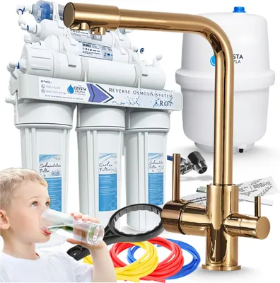 Produktbild von Küchenarmatur Ari Venom 3-Wege Wasserhahn mit Wasserfilter-Anschluss, 7-Stufige Umkehrosmose RO7, Messing, Gold