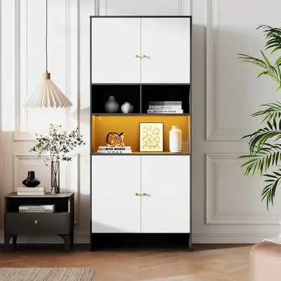 Immagine prodotto di Armadio multiuso Flieks, credenza con 4 ante e 3 ripiani aperti Bicolore, mobile da cucina 80x40x185 cm, nero e bianco
