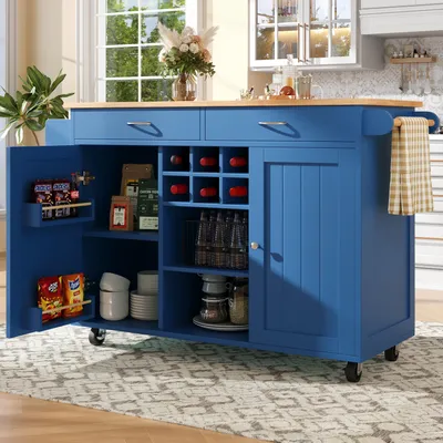 Image de MODFU Îlot de Cuisine Multifonction - Meuble Mobile avec Espace de Rangement, Bleu