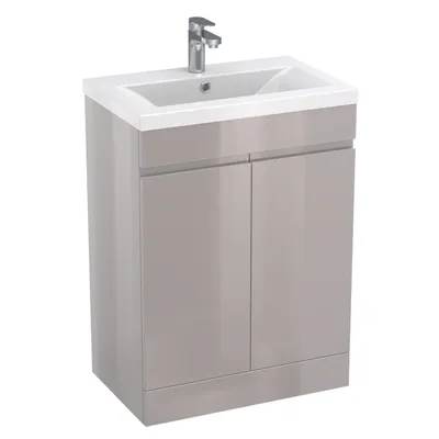Produktbild von Waschtisch mit Unterschrank TRENT 60 cm Grau Hochglanz stehend 2-türig Badmöbel Set Softclose