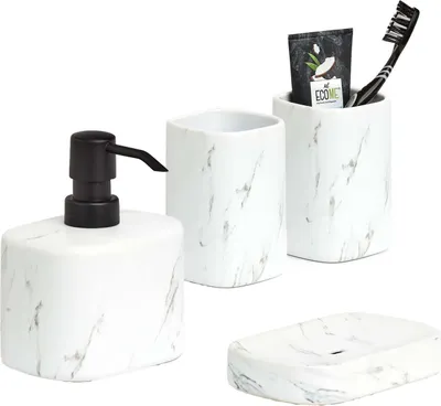 Produktbild von 3-teiliges Badezimmer-Set Keramik, weiße Marmoroptik, Badzubehör-Set besteht aus: Seifenspender, 2x Zahnputzbecher & Seifenschale, modern
