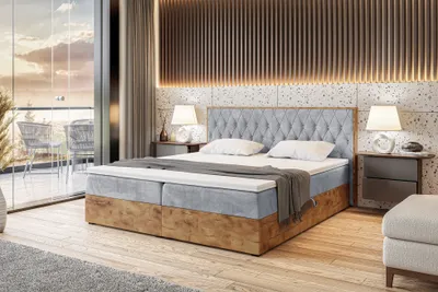 Produktbild von MEBLINI Boxspringbett mit Bettkasten - Gepolstert Doppelbett mit Matratze und Topper - Polsterbett mit Stauraum - Bett mit Kopfteil - Stauraumbett - LOFTY 6 - 180x200 - H4/Hellgrau Samt