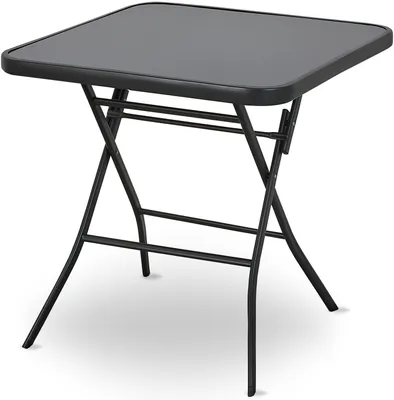 A dark gray folding bistro table with a glass top and metal frame, shown from a slightly elevated front-left angle against a white background.