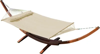 Produktbild von ALEOS. AS-S 410cm XXL Luxus Hängemattengestell LIMITED EDITION CREME Gestell aus Holz Lärche mit Stabhängematte GEPOLSTERT inkl. Kopfkissen EDELSTAHL Ketten Karabiner und Schrauben