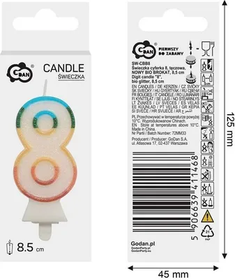Zdjęcie produktu dla Świeczka cyfra 8 tęczowa 8,5cm - Godan