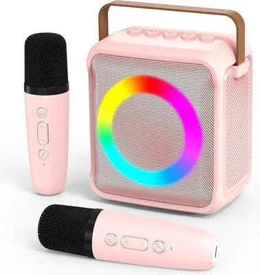 Imagen del producto de Caja de micrófono para niños con 2 micrófonos portátiles, efectos de luz LED y funciones de cambio de voz, ideal para niñas y niños de 3 a 18 años.