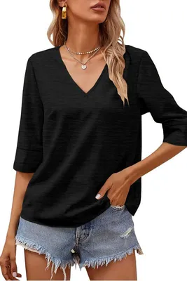 Produktbild von Damenmode Kurzarm-T-Shirt mit V-Ausschnitt, einfarbig, locker geschnitten,Größe:M