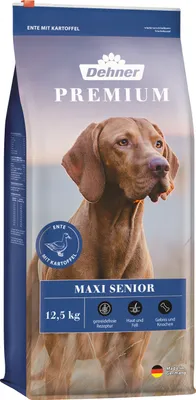 Produktbild von Dehner Premium Hundefutter Maxi Senior, Trockenfutter getreidefrei, für ältere Hunde großer Rassen, Ente / Lamm / Kartoffel, 12.5 kg