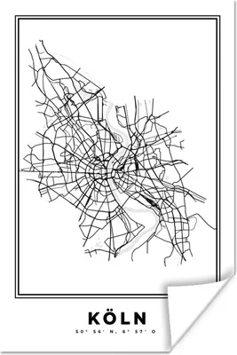 Produktbild von MuchoWow® Poster Karte - Stadtplan - Köln - Deutschland - Schwarz und weiß 60x90 cm - Wanddekoration