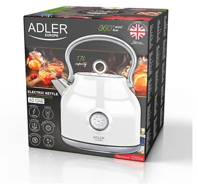 Obrázek produktu pro Adler AD 1346, 1,7 l, 2200 W, Metalická, Bílá, Nerezová ocel, Indikátor úrovně vody, Zabezpečení proti přehřátí