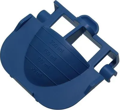 A blue plastic measuring cup with volume markings.