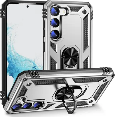 A silver smartphone case with a ring holder and stand, shown from multiple angles.