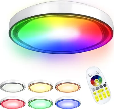 A ceiling light with multiple color options displayed below, and a remote control.