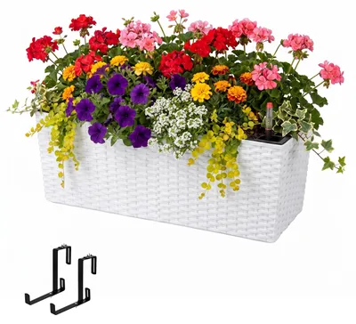 Zdjęcie produktu dla Donica balkonowa Relaxdays, system samonawadniający, wymiary: 19x50x19 cm, donica na poręcz z uchwytem, wkładem i wskaźnikiem, PP, biała