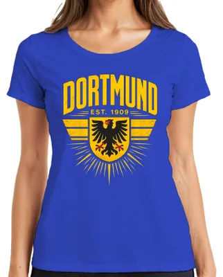 Immagine prodotto di Maglietta da donna, blu, taglia XXL, con scritta "Dortmund Est 1909 Adler Wappen Ruhrpott Heimat Statement" (che potrebbe essere interpretata come "Dortmund Est 1909, aquila, stemma, Ruhrpott, dichiarazione di appartenenza")