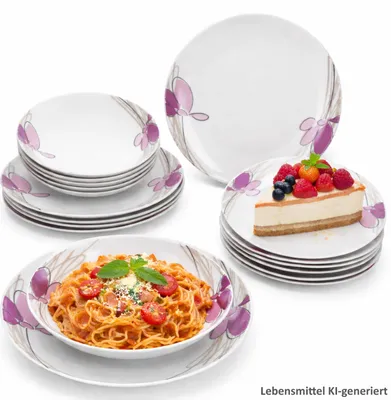 Produktbild von Viola 18tlg Porzellan Tellerset Weiß Blumen flache & tiefe Teller