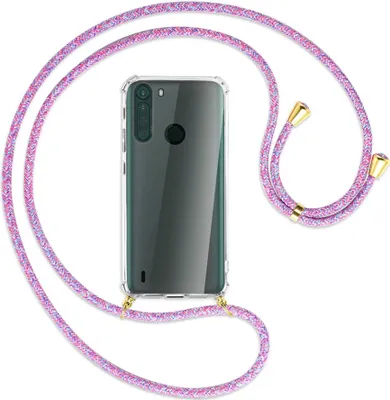 Produktbild von Handykette Backcover-Schutzhülle mit Band (Metall goldfarben) für Motorola One Fusion - lila/rosa/blau