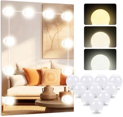 Productafbeelding van Led-spiegelverlichting Hollywood, 10 dimbare ledlampen, 3 kleuren, make-up-verlichting, kaptafel-lampen, spiegellampen voor cosmeticaspiegel, kaptafel-/badkamerspiegel