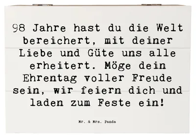 Produktbild von Mr. & Mrs. Panda Box Spruch 98. Geburtstag 22 x 15 cm - Weiß - Geschenk, Glückwunsch, Freude, Geschenkbox, Happy Birthday, Truhe, schmucktruhe, Holz Aufbewahrungsbox