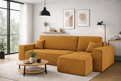 Produktbild von Kaiser Möbel Ecksofa mit schlaffunktion und bettkasten, Sofa L-form, Couch L-form BEST Poso Dicker Cord Senffarbe Rechts