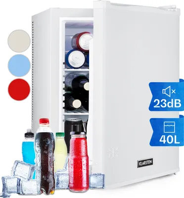 A white mini-refrigerator with its door open, showing bottles and cans inside. Several bottles and ice cubes are arranged in front of the refrigerator.