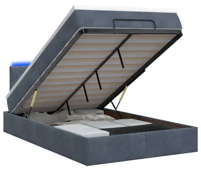 Image de Banc coffre avec matelas et éclairage LED, gris foncé, 120 x 190 cm, revêtement en velours