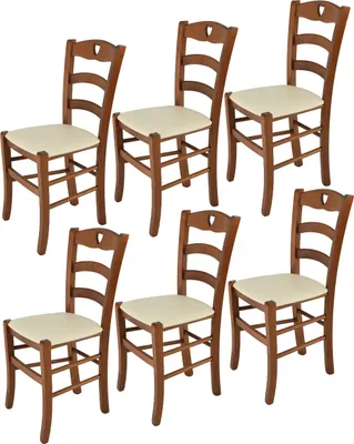 Immagine prodotto di t m c s Tommychairs - Set di 6 sedie CUORE per cucina e sala da pranzo, struttura robusta in legno di faggio laccato nel colore noce chiaro e sedile imbottito rivestito in Pelle finta nel colore avorio