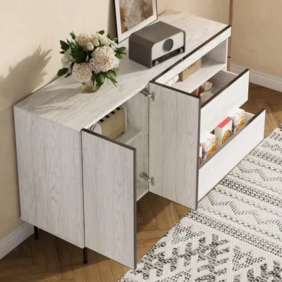 Obrázek produktu pro MODFU Minimalistický sideboard do obývacího pokoje se dvěma zásuvkami, předsíňová skříň s úložným prostorem, příruční skříňka do obývacího a jídelního pokoje, bílá
