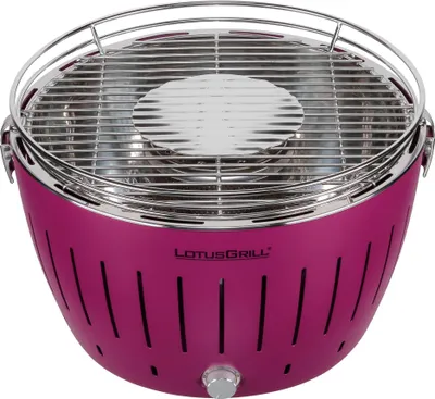 A pink LotusGrill charcoal grill is shown against a white background.