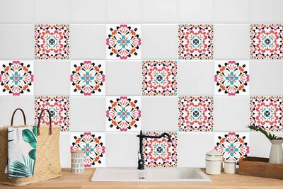 Produktbild von 24 Stück Laminierter Fliesen-Aufkleber Bodenfliesen für Küchen Bad Mexikanische Farben 20 x 20 cm