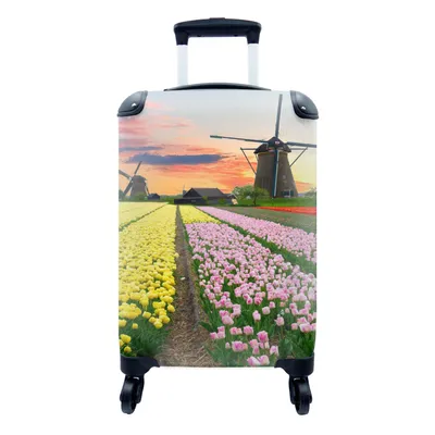 Produktbild von MuchoWow® Koffer Handgepäck Trolley Rollkoffer Kleine Reisekoffer mit 4 Rollen - Windmühle - Tulpen - Blumen - Niederlande - Cabin Size < 55x40x23 cm & 55x40x20 cm - Fotokoffer - Kabinenkoffer - Boardgepäck - Reise-Box - Reisekoffer - Reisegepäck - Koffer mit Bild - Trolley für Kinder
