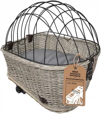 Produktbild von Hundefahrradkorb, Weidengeflecht, mit Gitter und Kissen, für Gepäckträger