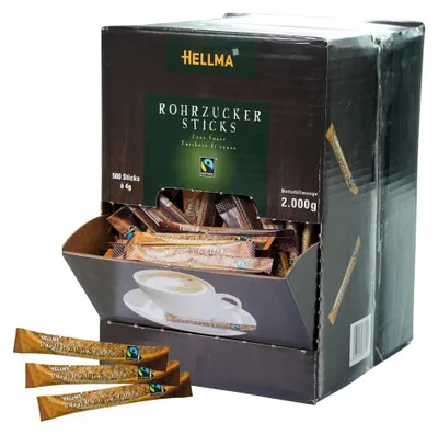 Immagine prodotto di Hellma 60107615 Zucchero di canna FAIRTRADE - Bastoncini 500 porzioni da 4 g ciascuna