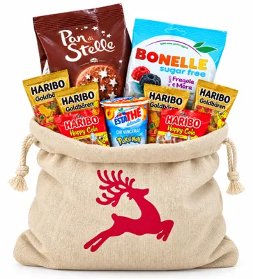 Zdjęcie produktu dla Zestaw Mikołajkowy w Worku Renifer – Słodycze Haribo, Pan di Stelle, Bonelle i Estathé „Czekoladowa Gwiazdka”