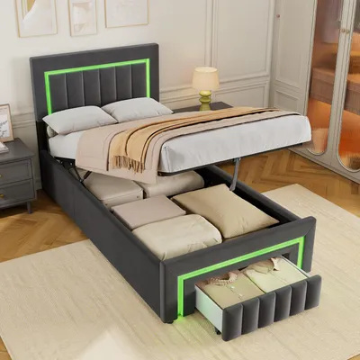 Produktbild von MODFU Boxspringbett 90x190 mit Bettkasten und Schubladen auf Rollen,Polsterbett mit LED-Kopfteil,Jugendbett mit Lattenrost,ohne Matratze,Grau