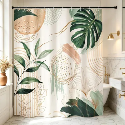 Image de Omgoods - Rideau de douche avec motifs de feuilles tropicales, 180 x 200 cm