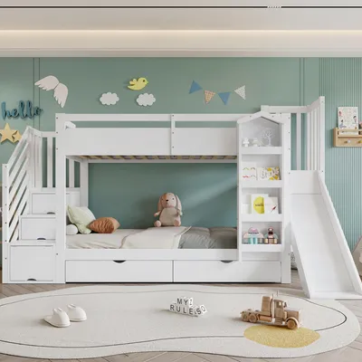 Image de Lits superposés Flieks 90 x 200 cm avec 2 tiroirs, lit enfant avec toboggan, lit mezzanine enfant avec escalier de rangement et sommier à lattes, blanc