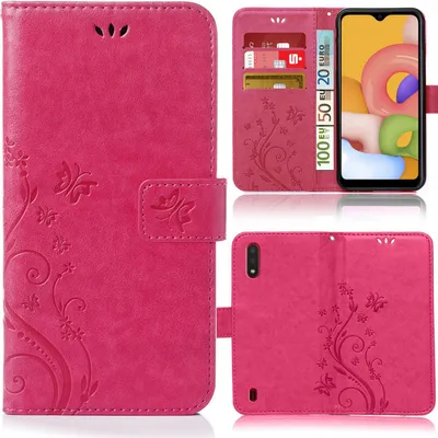 Produktbild von Handy Tasche für Samsung Galaxy A01 Schutz Hülle Handyhülle mit Blumenmuster Klapp Hülle mit Standfunktion und Kartenfächer Pink