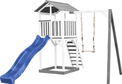 Produktbild von AXI Beach Tower Spielturm aus Holz in Weiß & Grau | Spielhaus für Kinder mit blauer Rutsche, Schaukel und Sandkasten | Stelzenhaus für den Garten