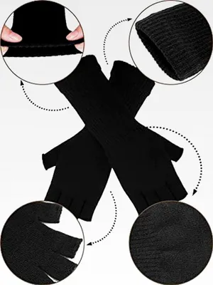 Produktbild von 2 Paar Uni Fingerlose Handschuhe Halbfinger Strickhandschuhe mit Verlängertem Handgelenk für den Winter