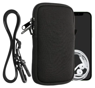Produktbild von kwmobile Handytasche für Smartphones L - 6,5" - Neopren Handy Hülle Schwarz mit Kordel - Handy Tasche mit Handykette 16,5 x 8,9 cm Innenmaße