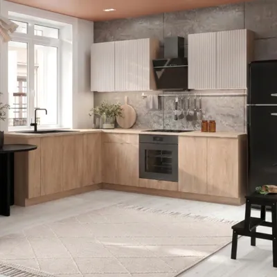 Produktbild von Küche L Form 200x260 cm - Eiche Cremona und Beige Matt - Küchenmöbel mit Griffe - Beige Arbeitsplatte - Eckküche - SOFIA