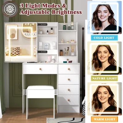 Productafbeelding van Make-uptafel Met Spiegel - Wit - MDF - Modern