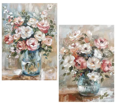 Productafbeelding van Handgeschilderd canvas schilderij met bloemen in een vaas, in de kleuren wit, roze en blauw