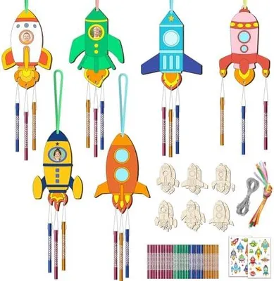 Produktbild von 12 Stück Raketen Windspiel Bastelset Kinder Holz DIY Weltraum-Design für Geburtstagsfeiern & DekorationKlangspiele Set Kindergeburtstag Klangspiele Holzbastelsets Deko für Garten - Ideal für Jungen Mädchen