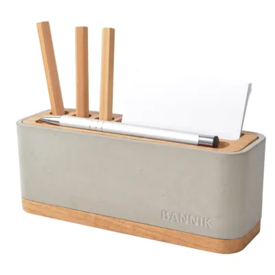 Produktbild von Organizer Stifthalter (grau) aus Beton und massiven Eichenholz, 18x6x7cm, für bis zu 4 Stifte, Notizzettelblock