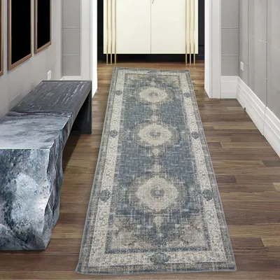 Produktbild von Klassischer Teppich mit Blumen Ornamenten & Pflanzen Verzierungen in grau beige blau Größe - 80 x 150 cm
